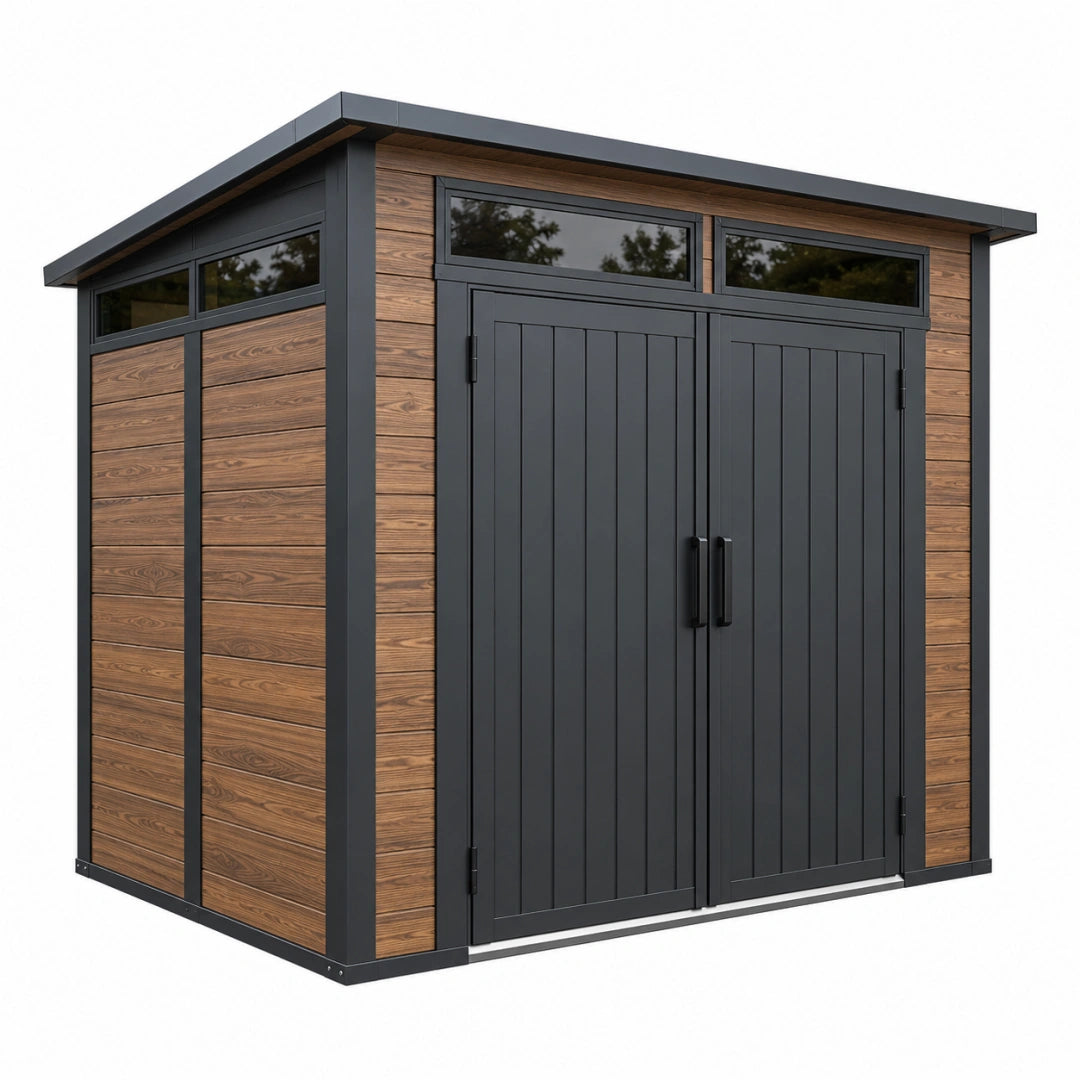 Abri de jardin Toravero en métal noir avec panneaux aspect bois et double porte, dimensions 240 x 180 x 220 cm.