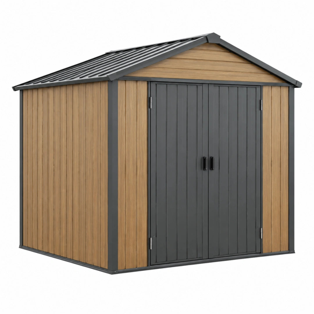 Abri de jardin en acier galvanisé marron anthracite, 213x130x185 cm, avec double porte et toit incliné, marque Toravero