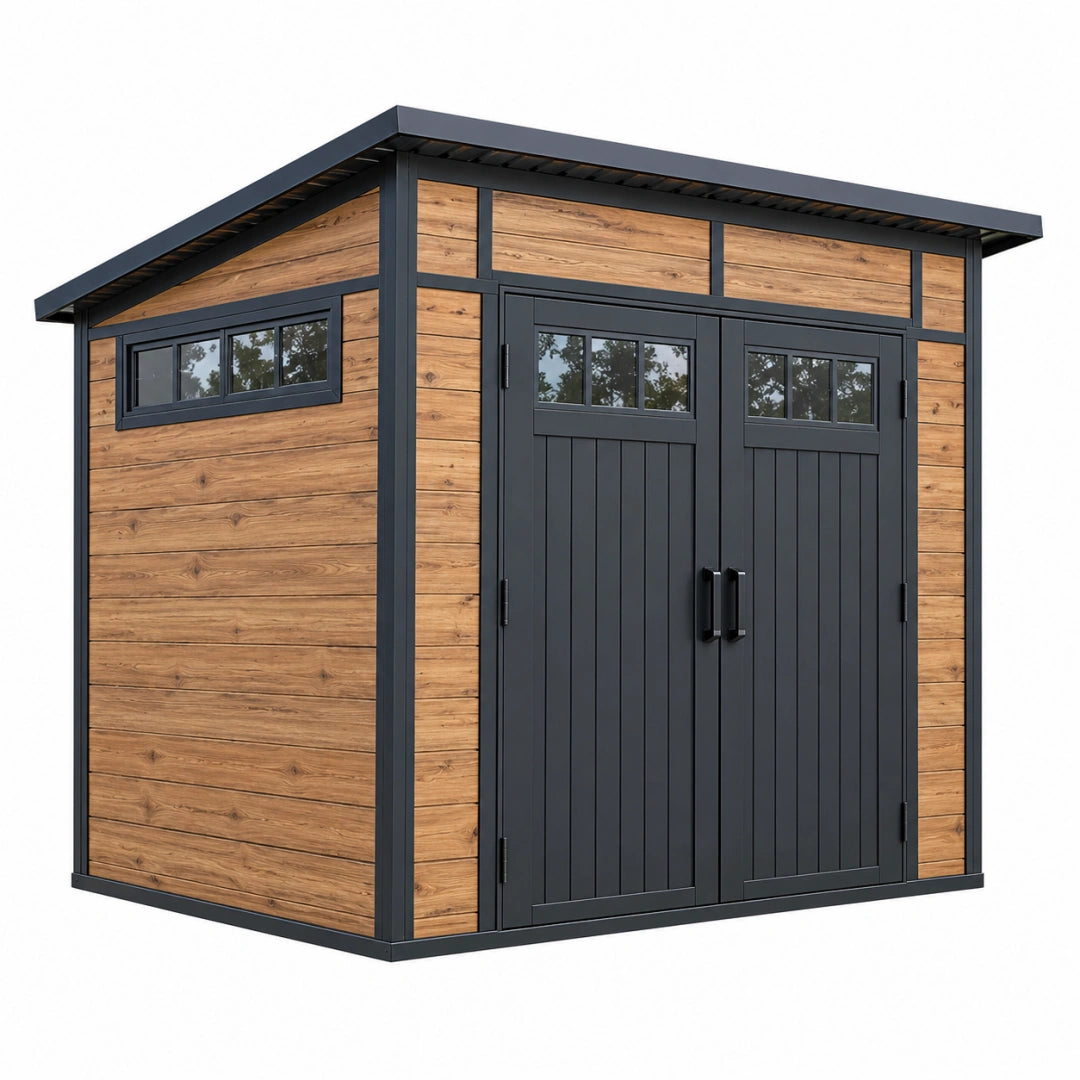 Abri de jardin Toravero en acier aspect bois noir avec double portes, fenêtres et toit incliné, dimensions 213x162x206 cm