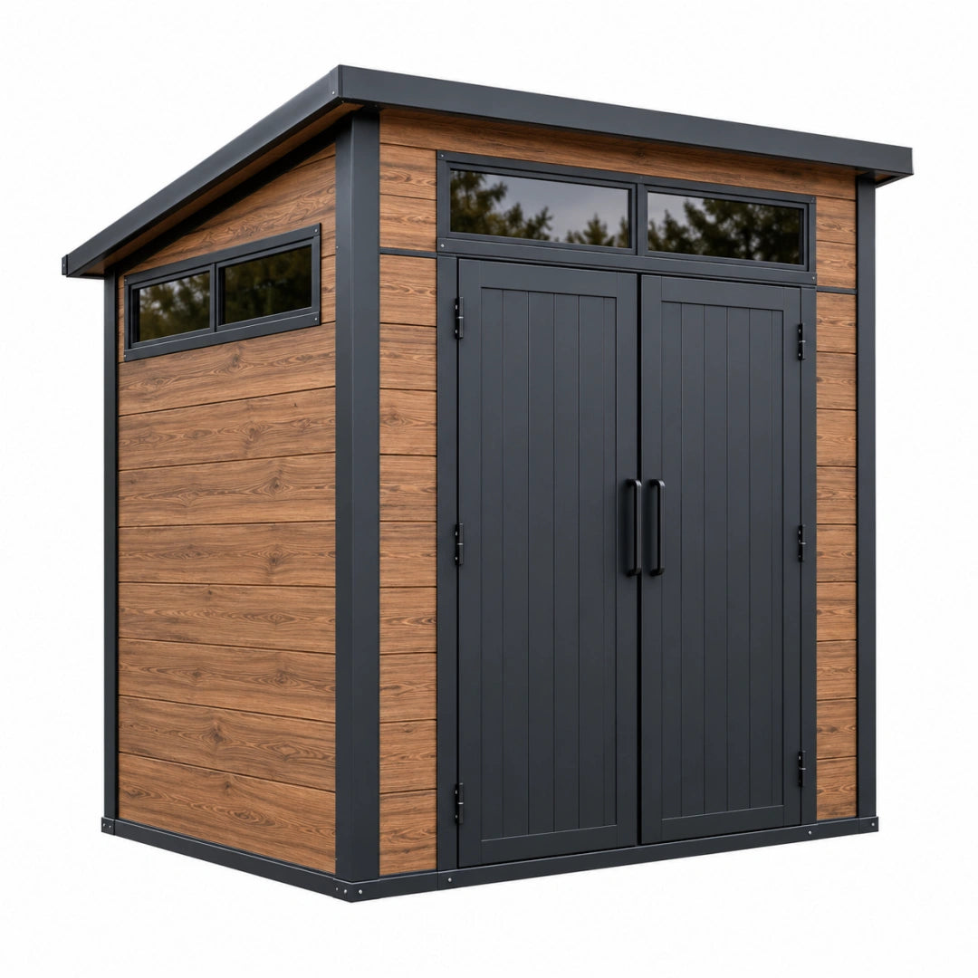 Abri de jardin Toravero en bois brun et métal noir, 200x150x200 cm, avec double porte en image.