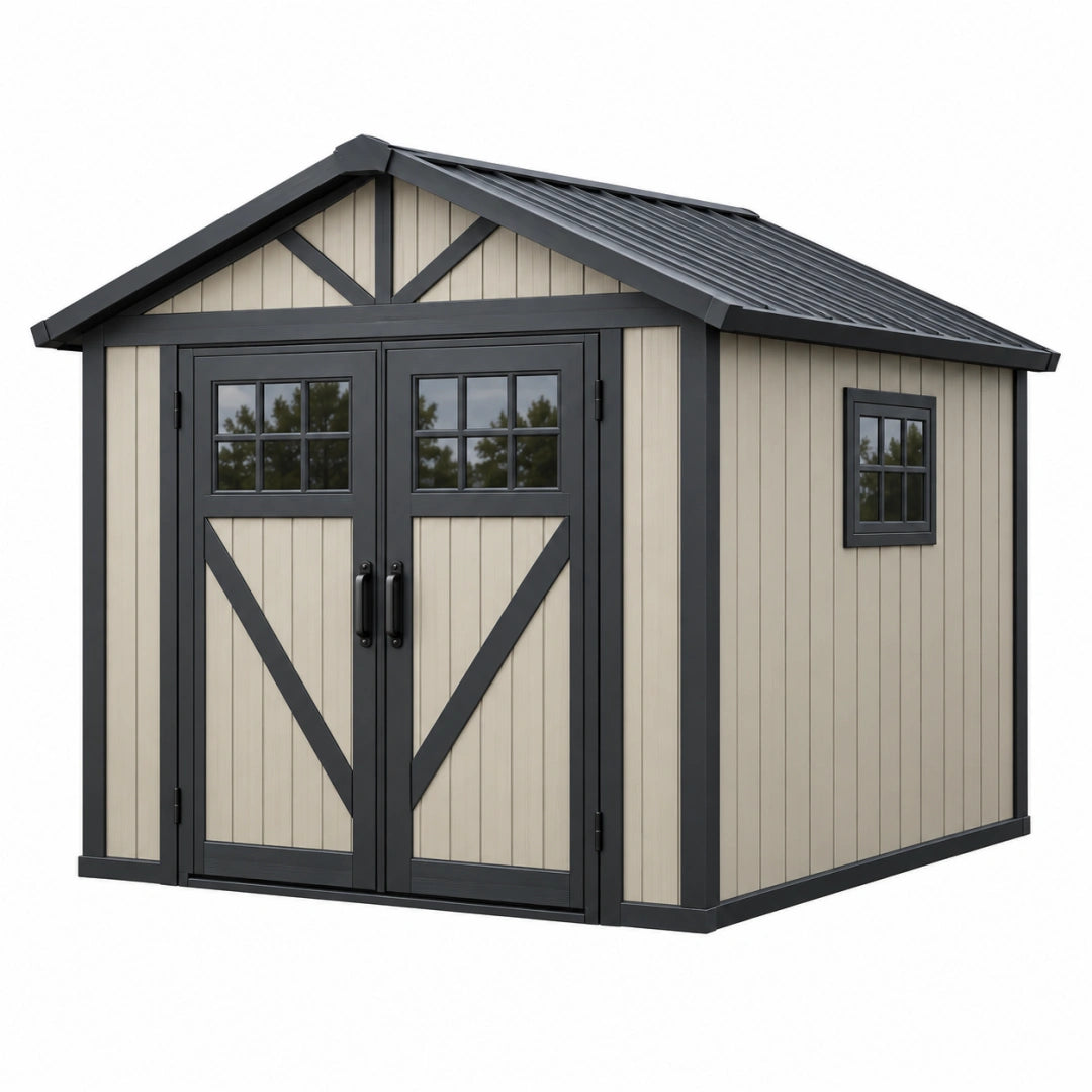 Abri de jardin Toravero en résine beige et anthracite, 240x180x220 cm, double porte et fenêtres visibles.