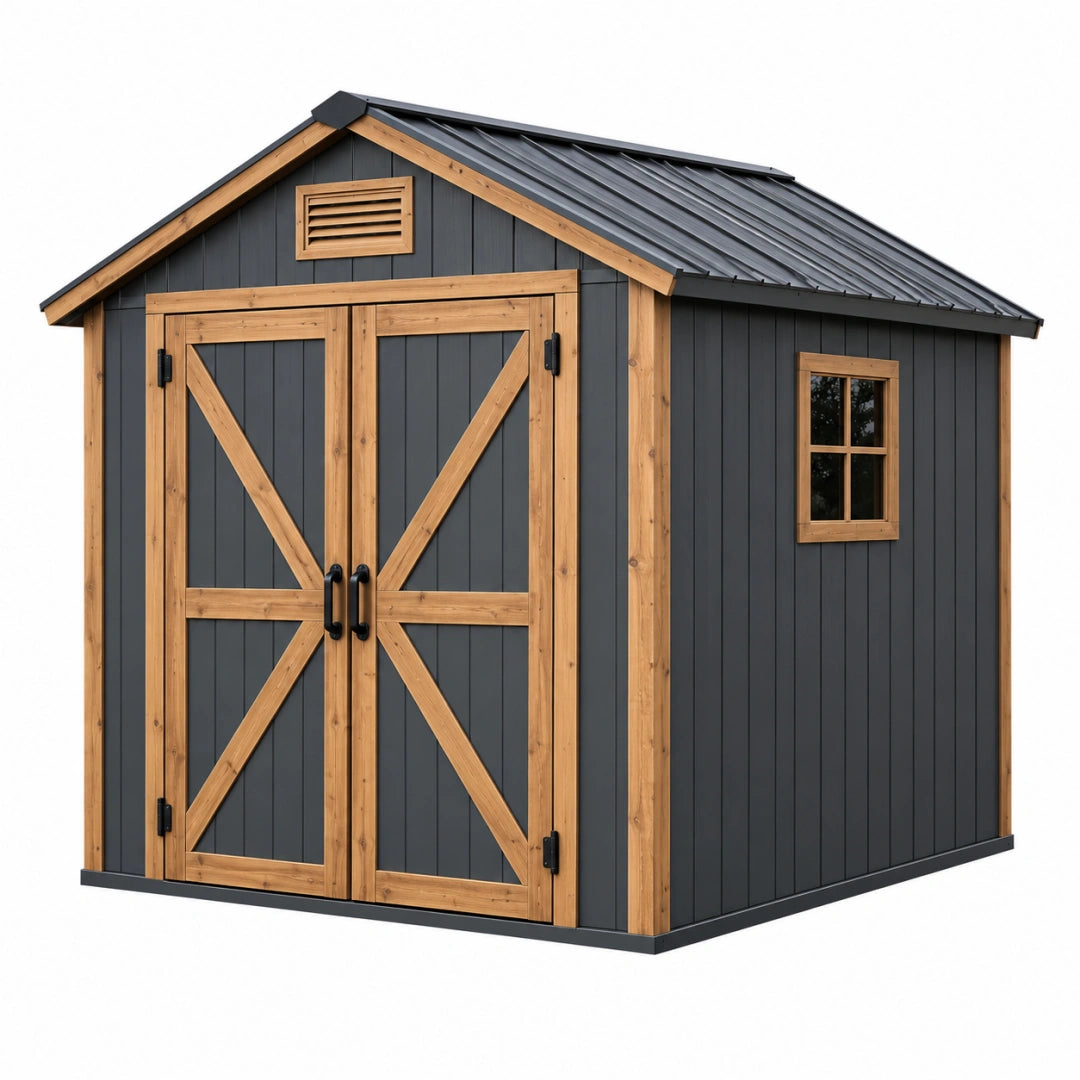 Abri de jardin Toravero en bois anthracite et naturel, 240x180x220 cm avec portes doubles, stockage extérieur robuste.
