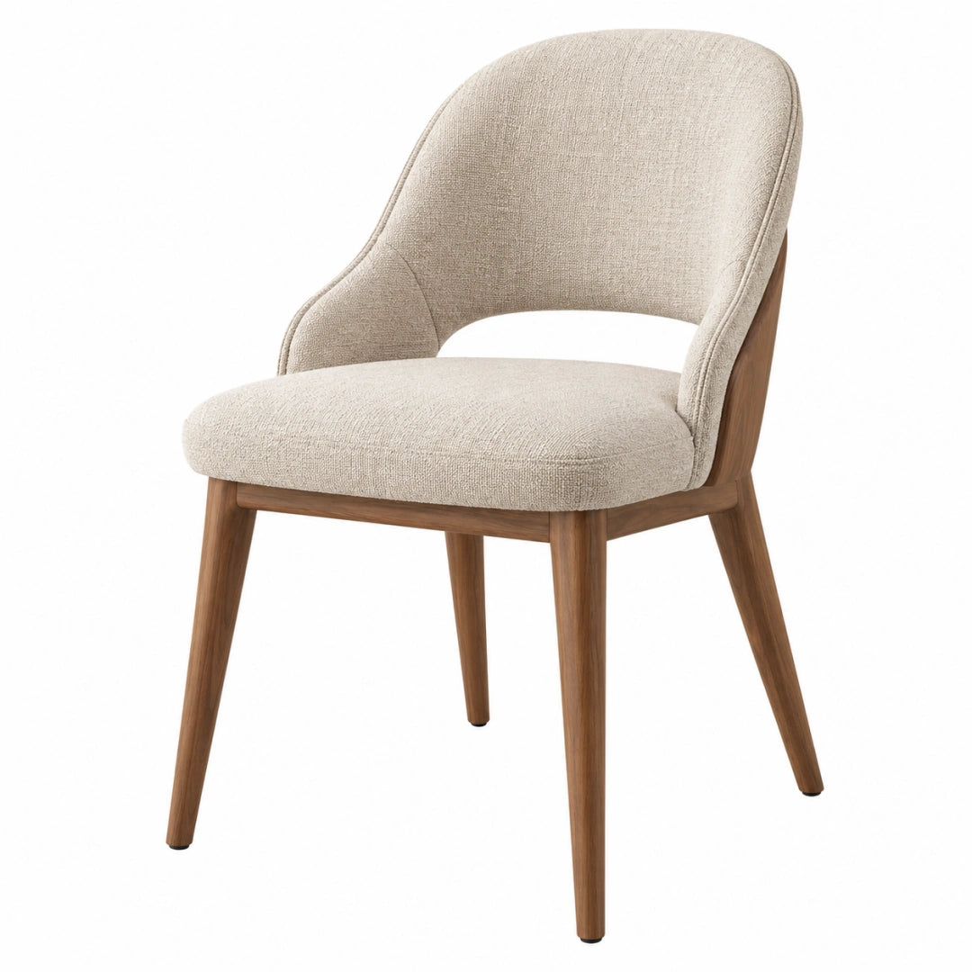 Chaise de salle à manger Toravero en tissu beige et bois brun, dossier incurvé, dimensions 61x60x82 cm, style moderne.