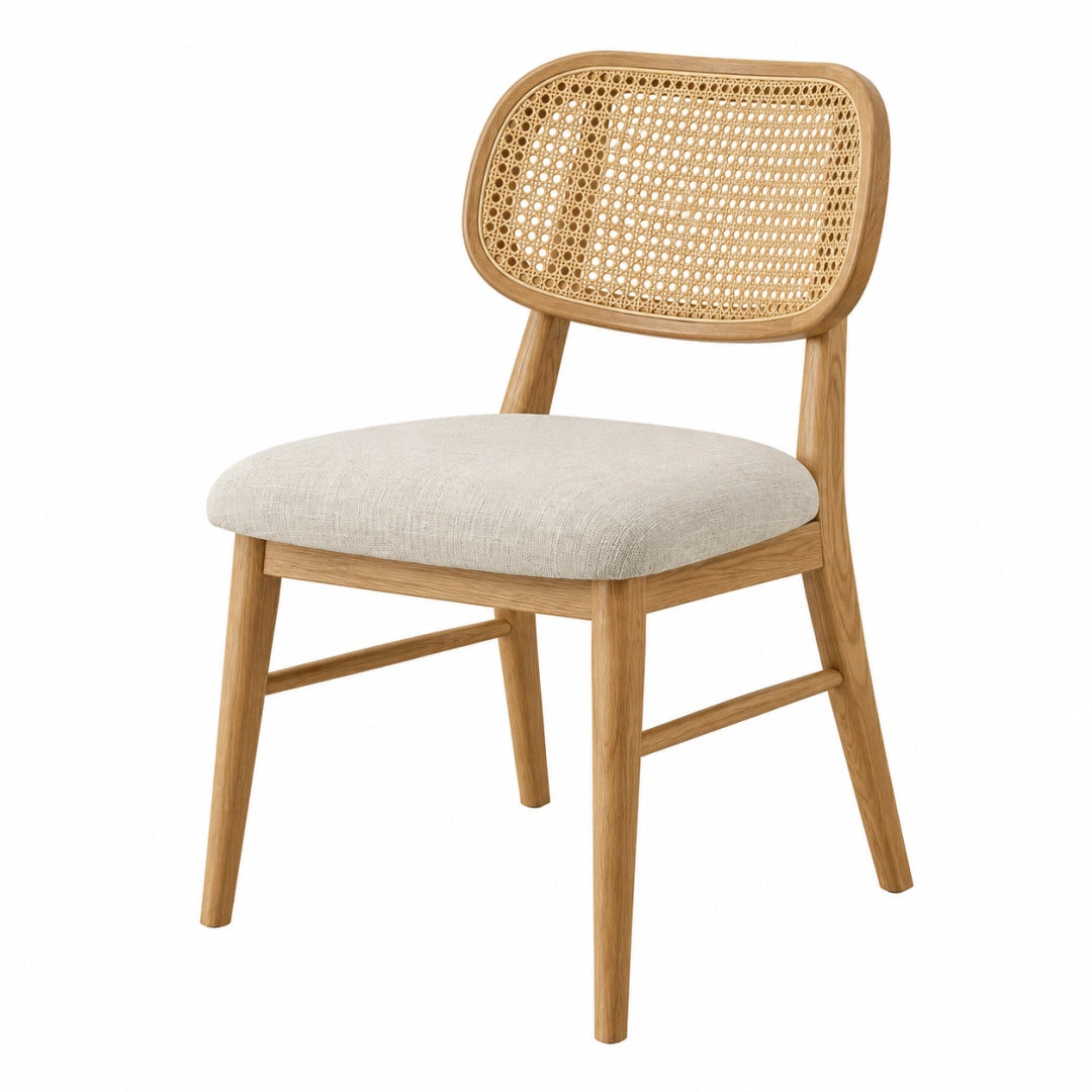 Chaise de salle à manger Toravero en bois naturel avec cannage et tissu beige, style contemporain, dimensions 50x55x82 cm.