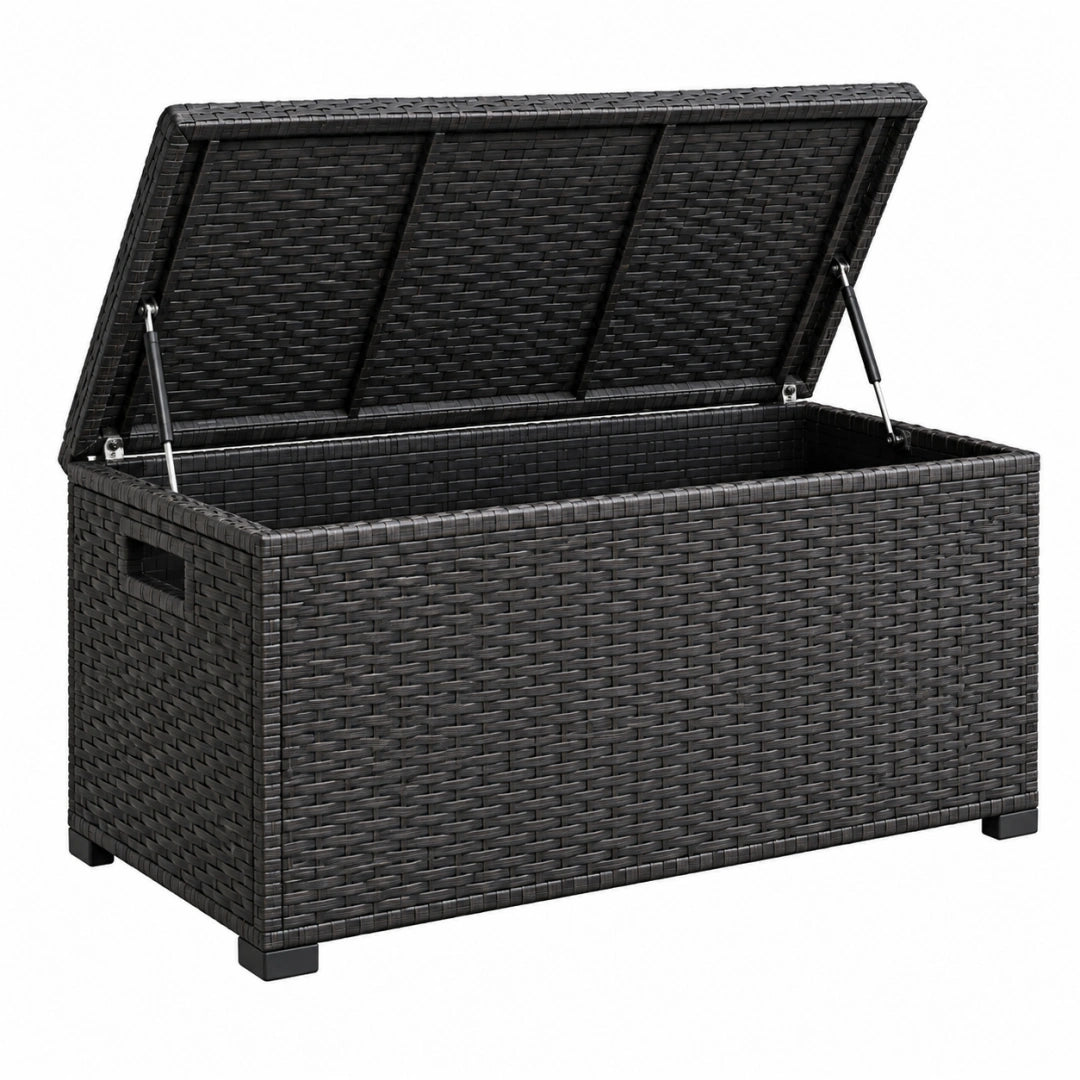 Coffre de rangement extérieur Toravero en résine tressée noire, 120x50x60 cm, avec couvercle relevable pour rangement pratique