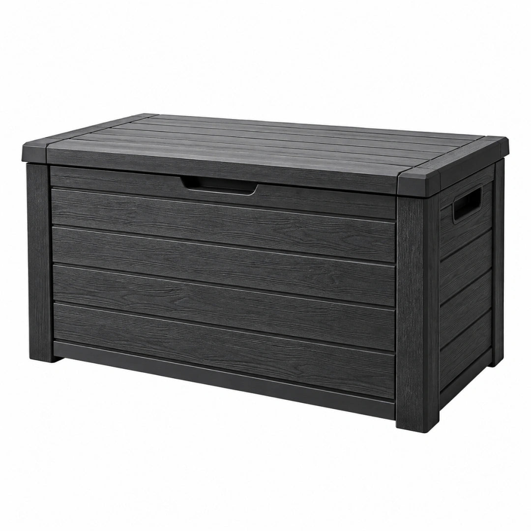 Coffre de rangement extérieur Toravero en résine noire aspect bois, dimensions 120x60x63 cm, pour stockage extérieur.