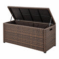 Coffre de rangement extérieur Toravero en résine tressée brun, 120x50x60 cm avec couvercle à vérins pour jardin.