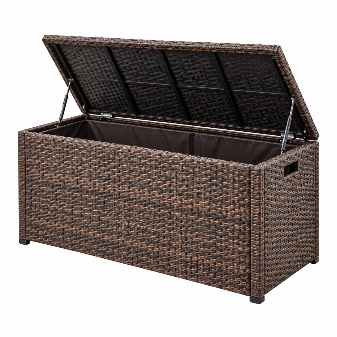 Coffre de rangement extérieur Toravero en résine tressée brun, 120x50x60 cm avec couvercle à vérins pour jardin.