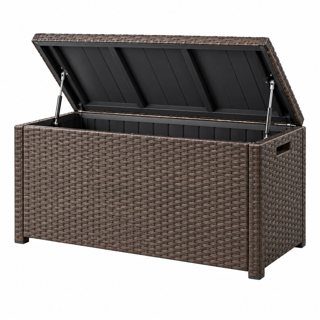 Coffre de rangement extérieur Toravero en résine tressée marron avec couvercle à vérins, dimensions 120x50x60 cm.