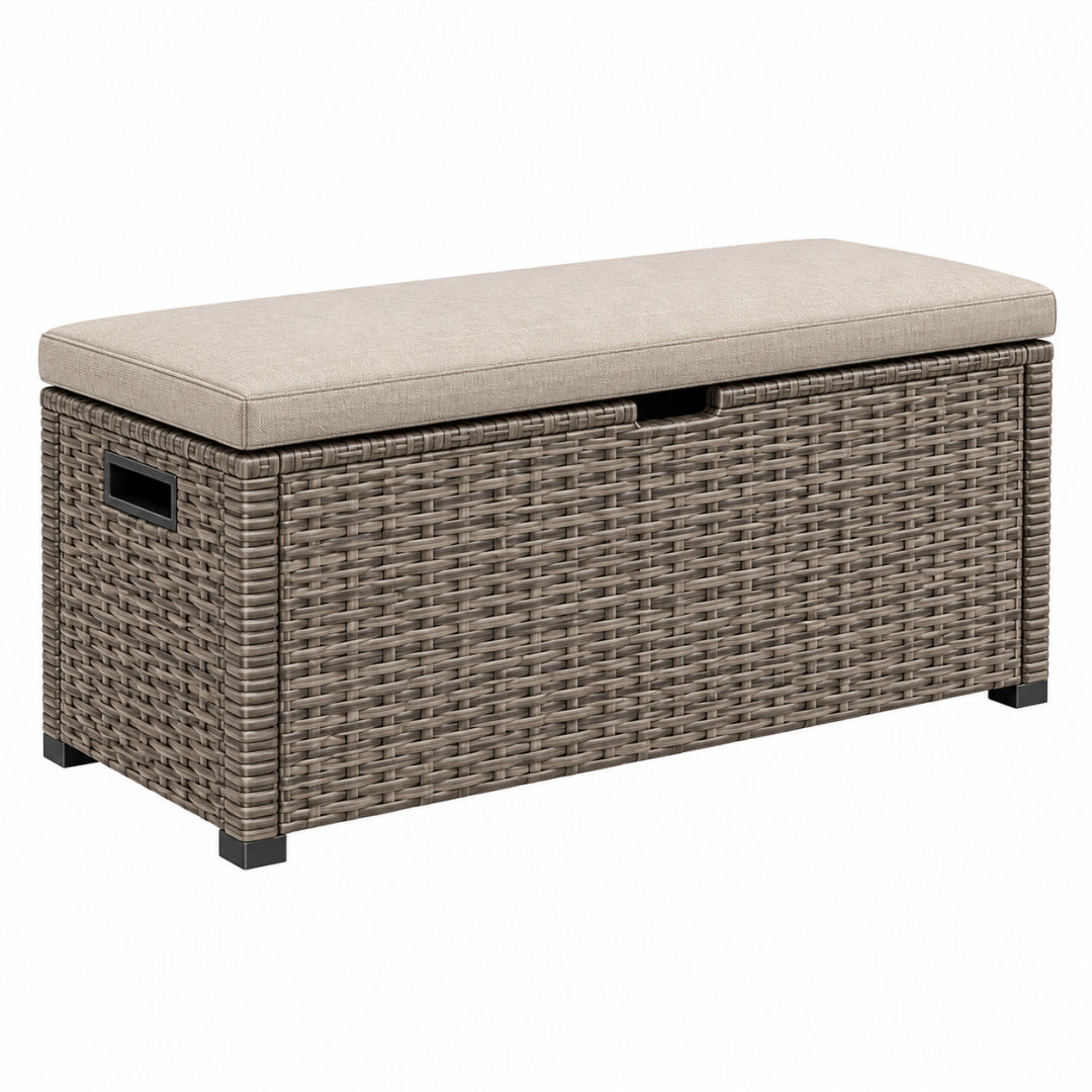 Coffre de rangement extérieur en résine tressée gris taupe avec coussin d'assise, dimensions 120 x 50 x 50 cm, marque Toravero