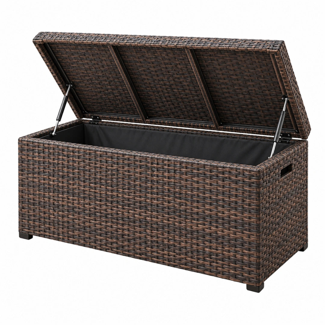 Coffre de rangement extérieur Toravero en résine tressée marron, 120x50x60 cm, avec couvercle assisté pour espace extérieur