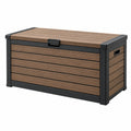 Coffre de rangement extérieur Toravero en bois brun et métal noir, 120 x 60 x 65 cm avec couvercle robuste et élégant.
