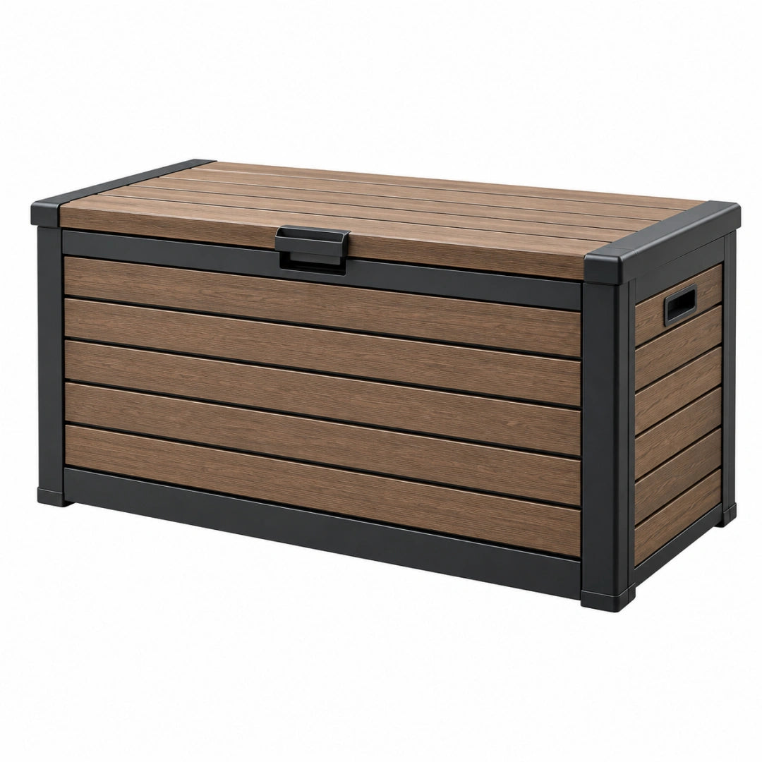 Coffre de rangement extérieur Toravero en bois brun et métal noir, 120 x 60 x 65 cm avec couvercle robuste et élégant.