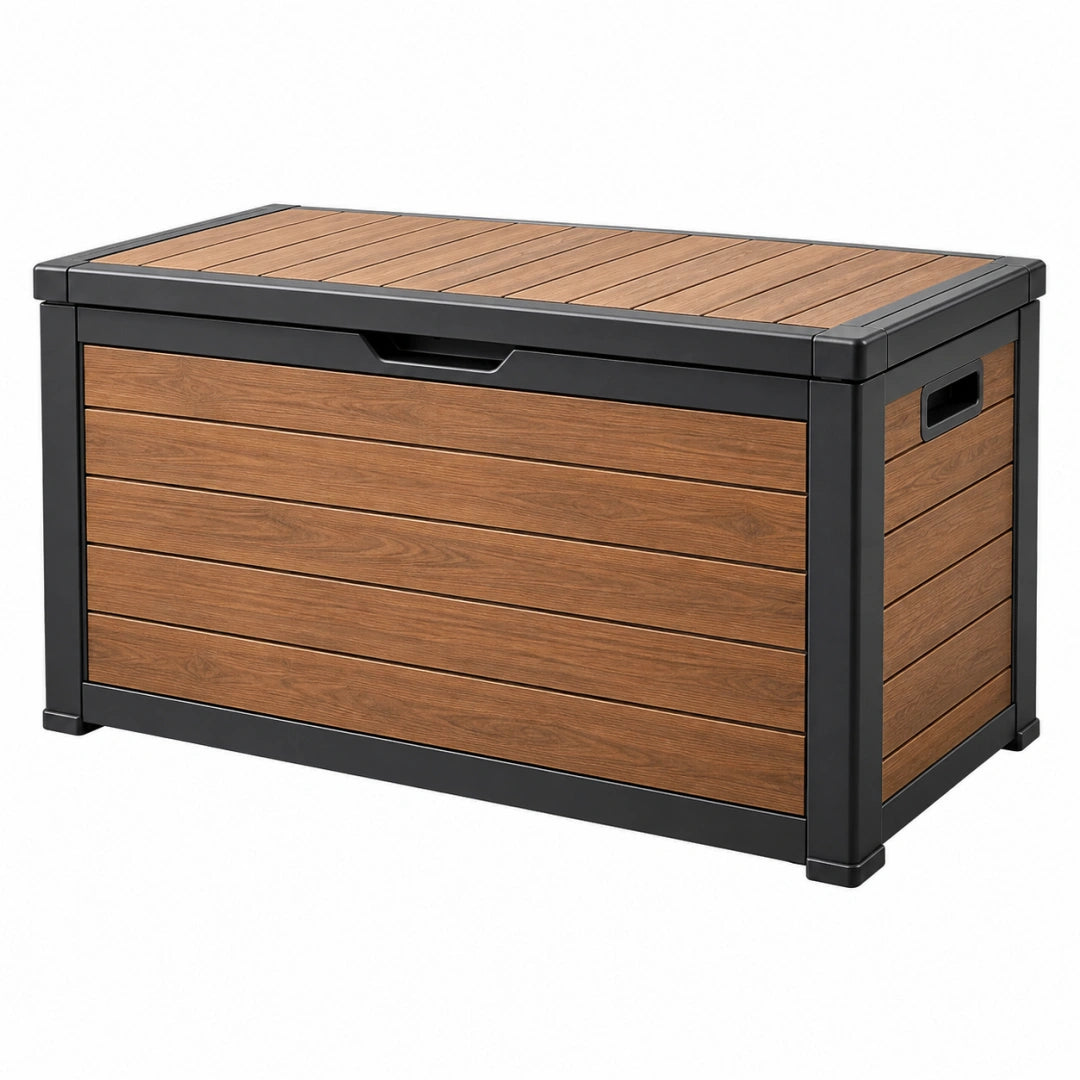 Coffre de rangement extérieur Toravero en résine marron et noir, moderne, 120 x 60 x 65 cm, pour jardin ou terrasse