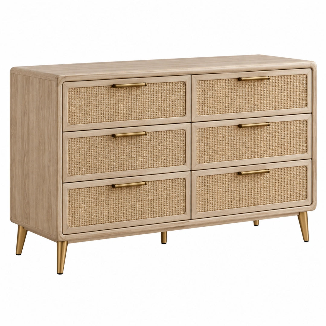 Commode en bois clair avec cannage et 6 tiroirs, style naturel, dimensions 140x45x80 cm, par Toravero.
