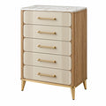 Commode Toravero beige et brun avec 5 tiroirs en bois, style contemporain, dimensions 80x40x120 cm, design moderne.
