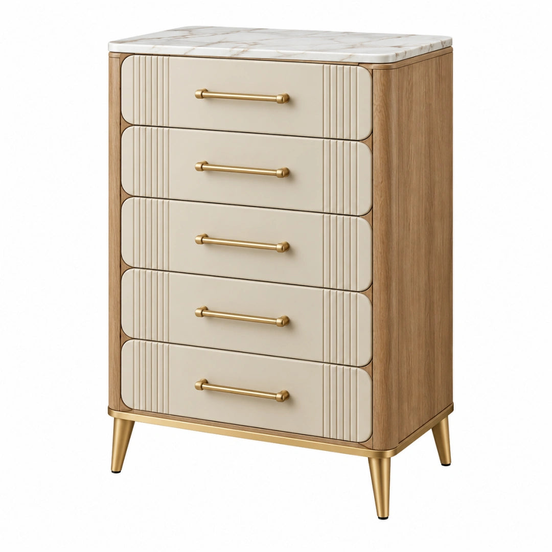 Commode Toravero beige et brun avec 5 tiroirs en bois, style contemporain, dimensions 80x40x120 cm, design moderne.