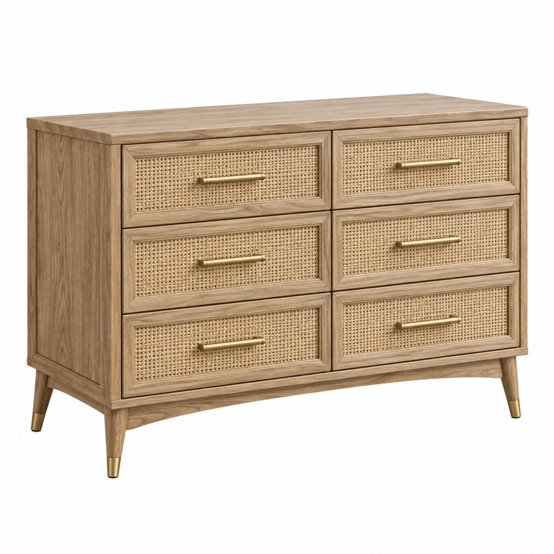 Commode en bois marron de style rétro avec cannage, dimensions 120x40x90 cm, 6 tiroirs, design élégant et pratique.