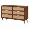 Commode en bois brun et cannage naturel, style rétro, 6 tiroirs, dimensions 140x45x80 cm, meuble de rangement Toravero.