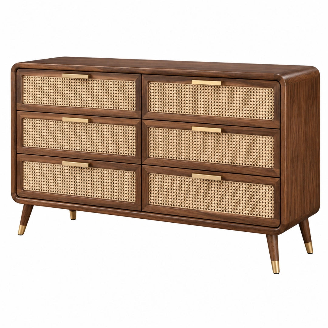 Commode en bois brun et cannage naturel, style rétro, 6 tiroirs, dimensions 140x45x80 cm, meuble de rangement Toravero.