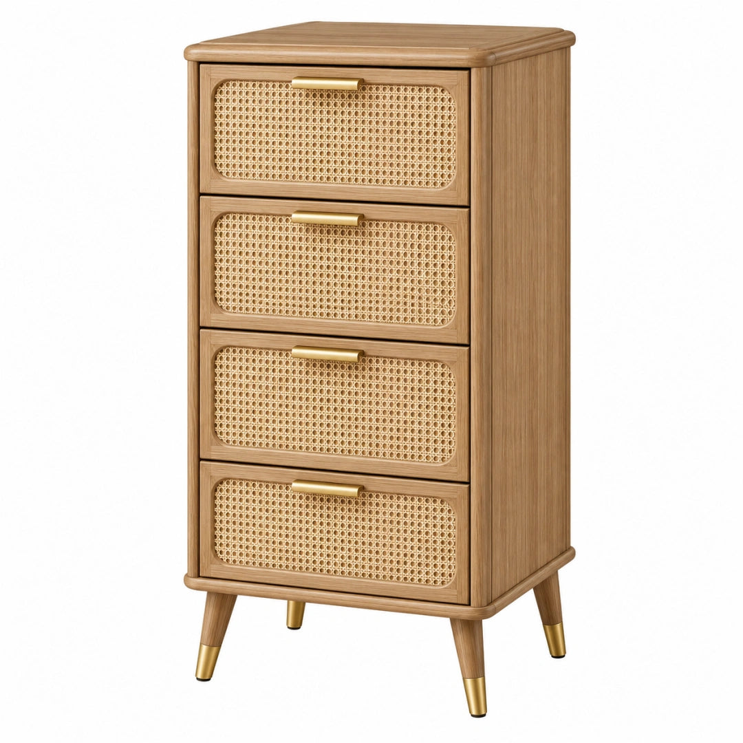 Commode en bois marron avec cannage rétro, dimensions 60x40x110 cm, meuble de rangement de style vintage par Toravero.