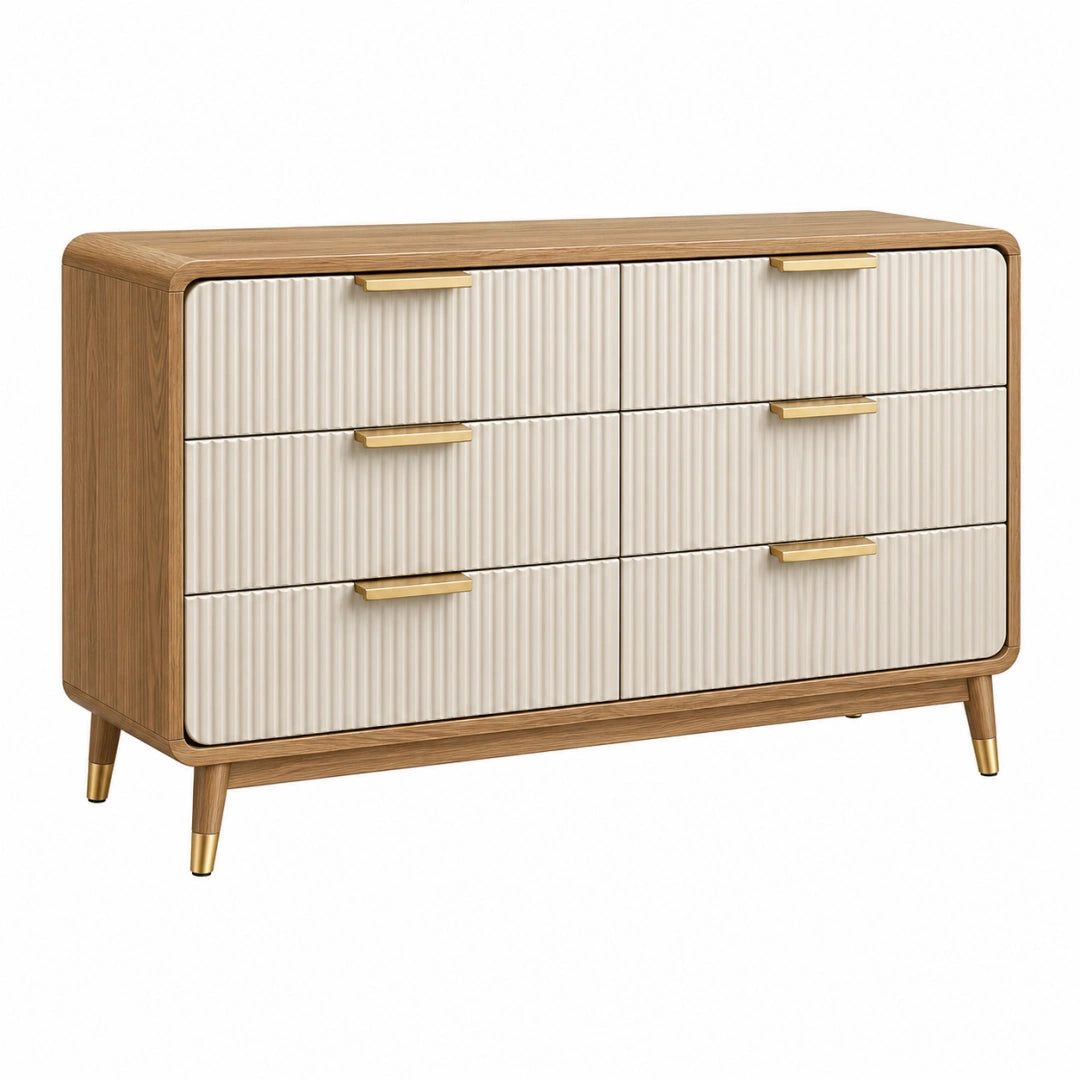 Commode Toravero en bois marron et crème, style rétro, 6 tiroirs, dimensions 120x40x80 cm, mobilier de rangement élégant