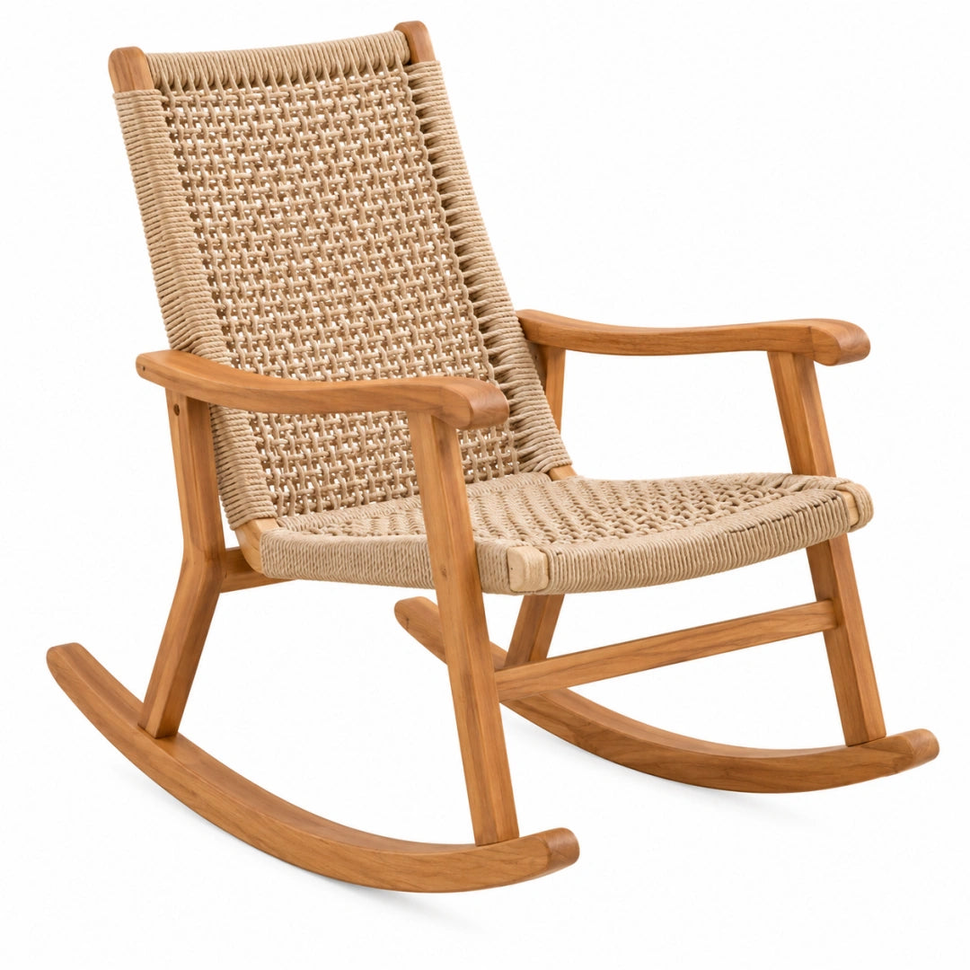 Fauteuil à bascule en bois naturel et corde tressée, style naturel, dimensions 78x65x105 cm, par Toravero.