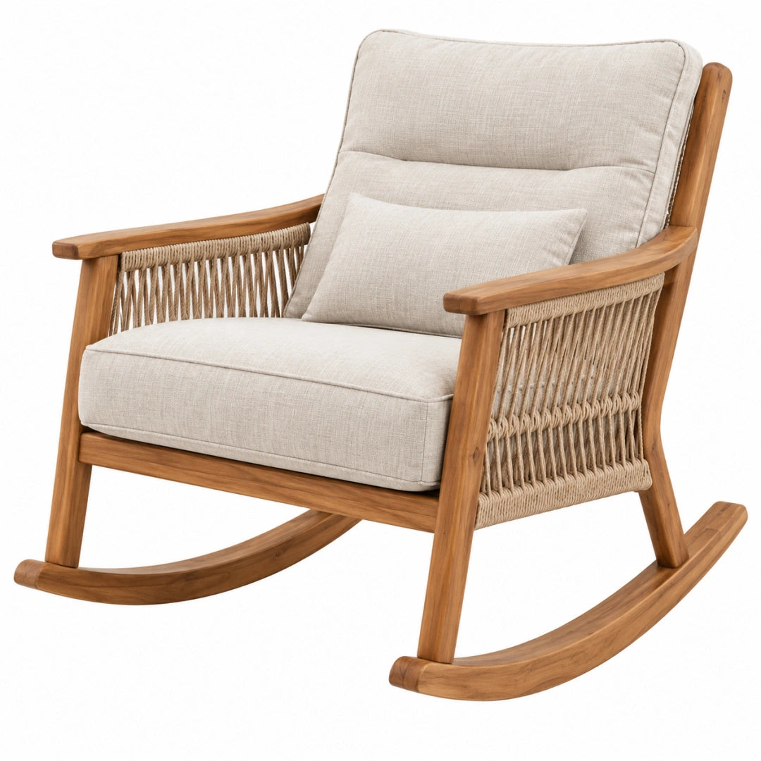 Fauteuil à bascule Toravero en bois naturel avec corde beige, dimensions 72x95x98 cm, pour terrasse, style confortable et élégant.
