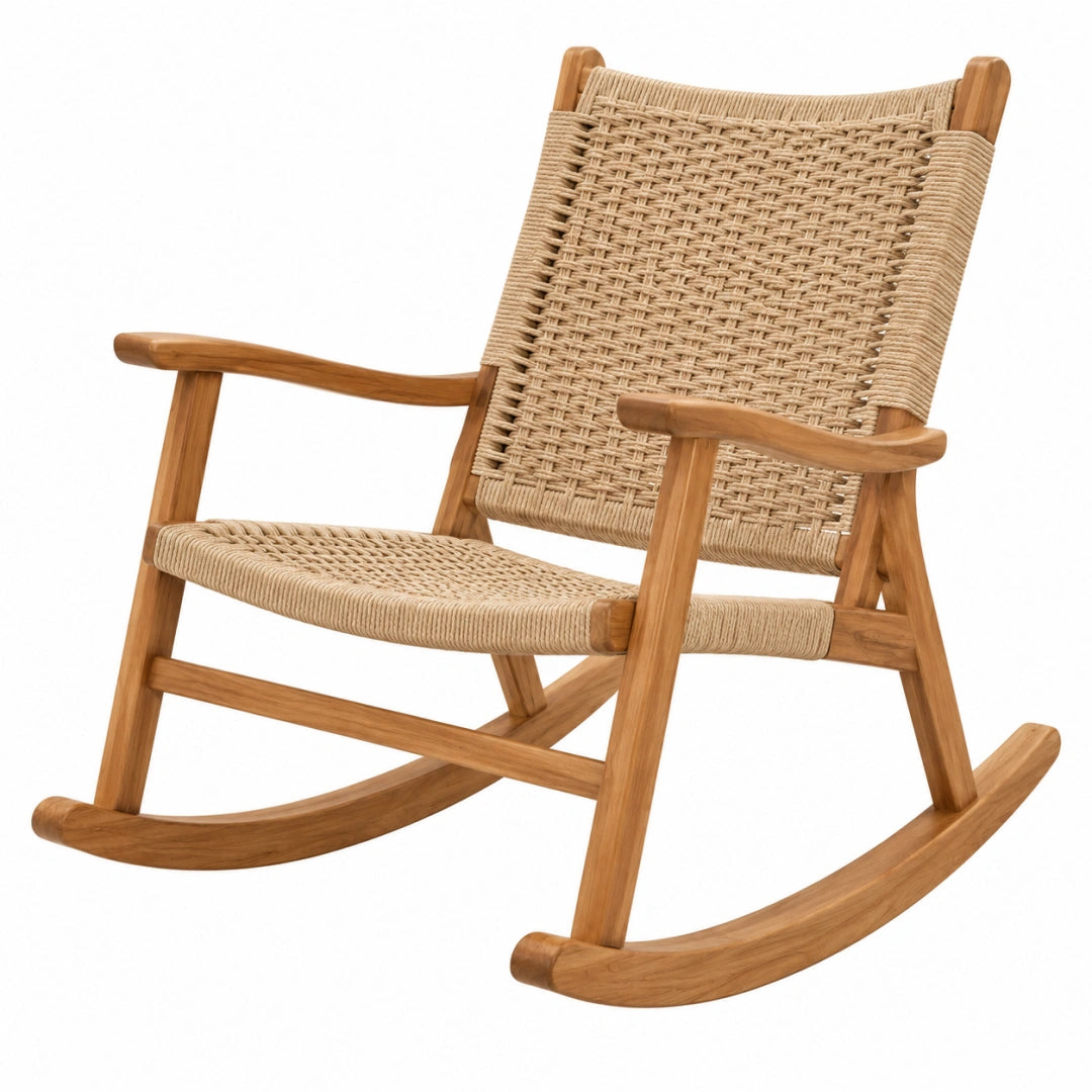 Fauteuil à bascule en bois naturel et corde tressée, style bohème, dimensions 68x90x100 cm, de la marque Toravero.