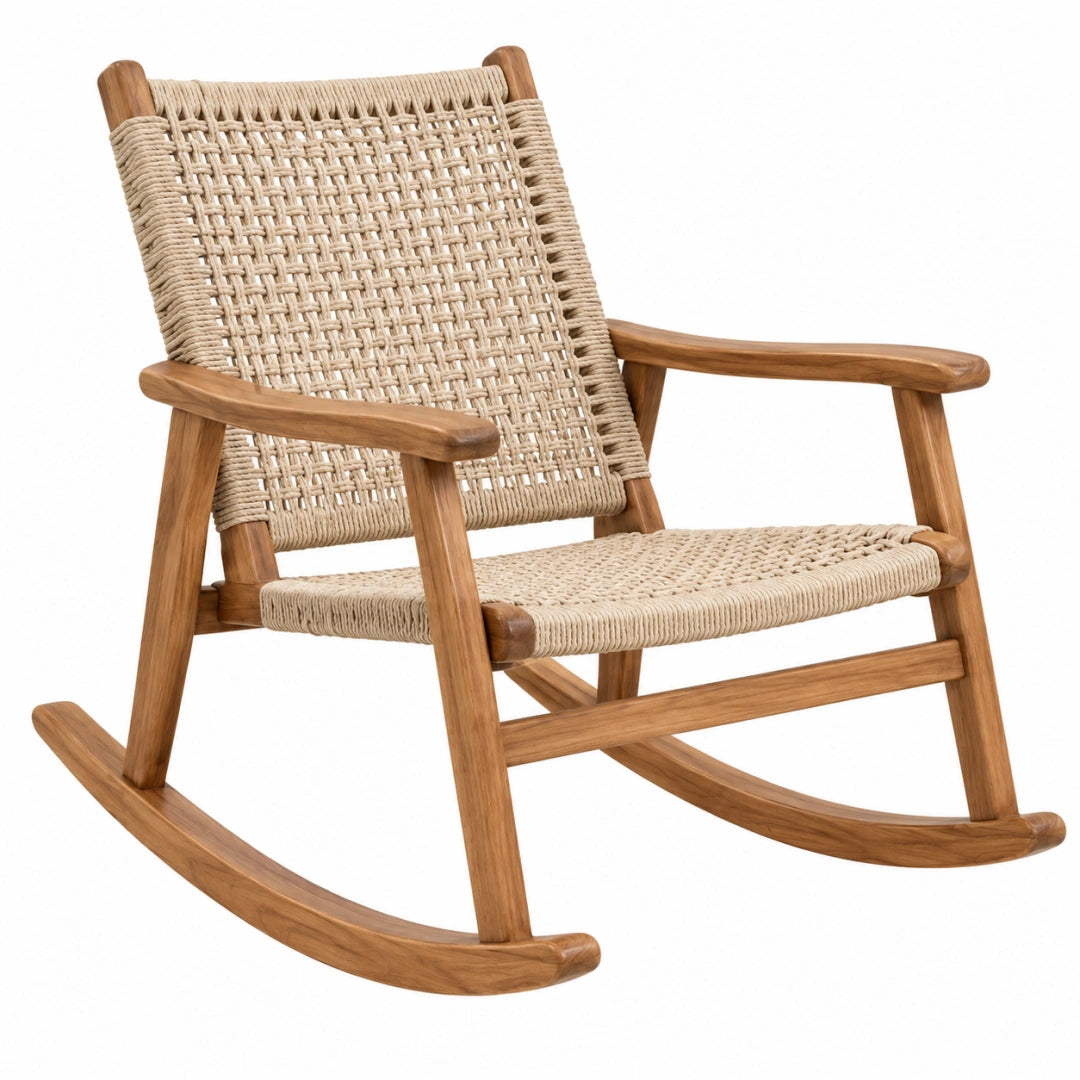 Fauteuil à bascule en bois et corde beige, style naturel, dimensions 68x92x100 cm, par Toravero.