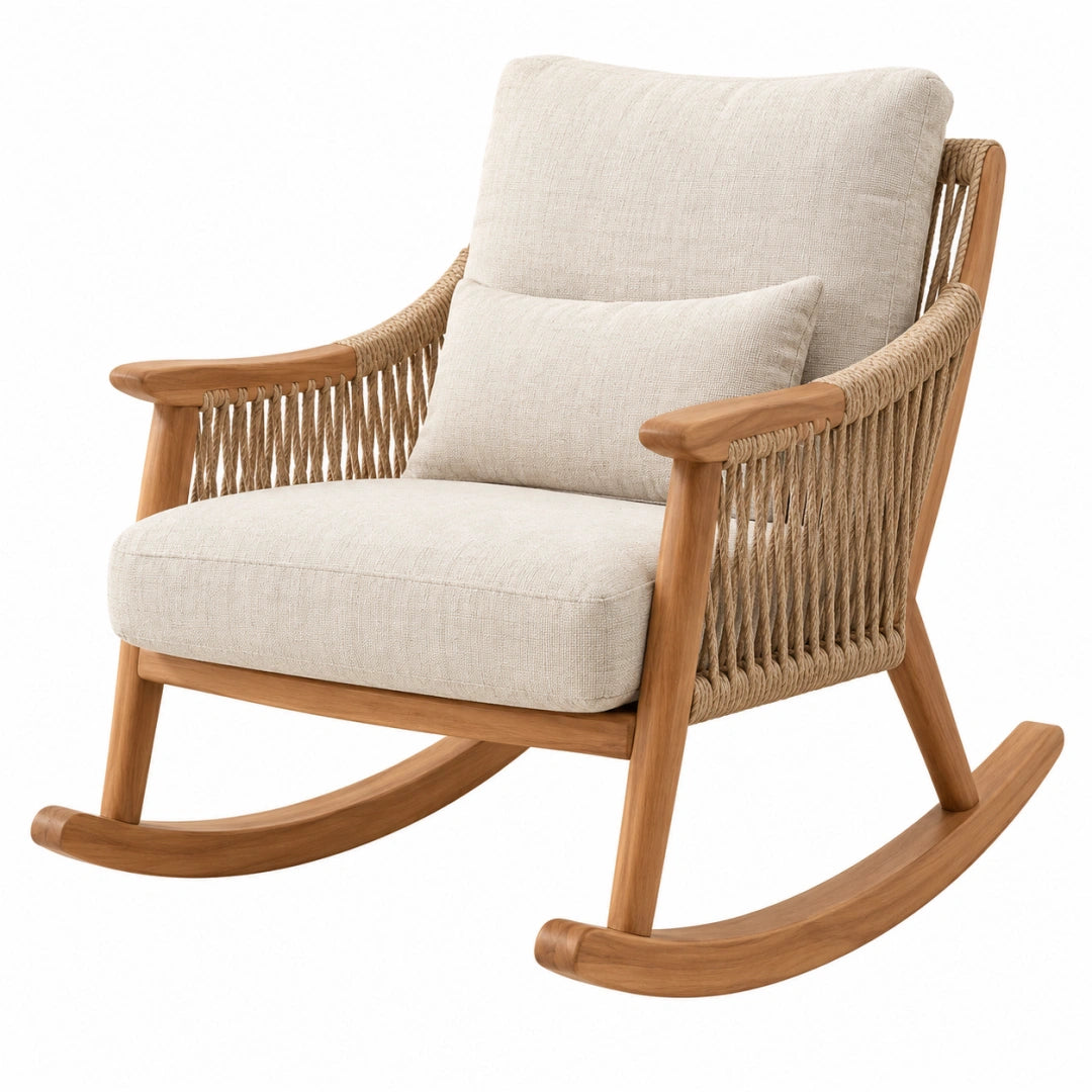 Fauteuil à bascule en bois naturel beige tressé, dimensions 75x95x100 cm, fauteuil à bascule élégant et confortable.