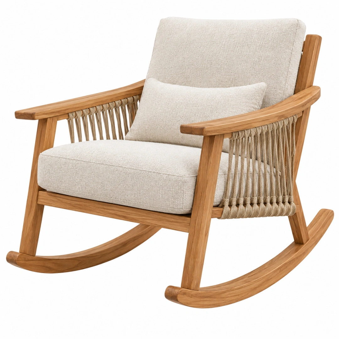 Fauteuil à bascule Toravero en bois et corde beige, style naturel, dimensions 70x92x92 cm, confortable et élégant.