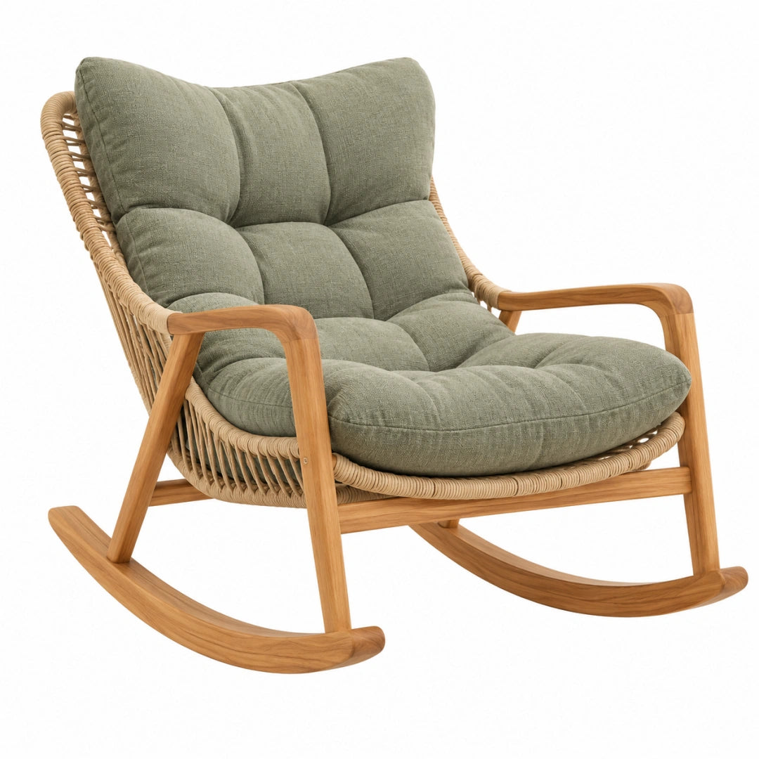Fauteuil à bascule en bois et rotin vert, style naturel, dimensions 100x70x95 cm, par Toravero, pour salon ou terrasse.