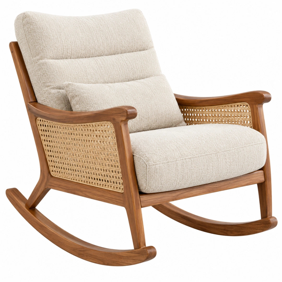 Fauteuil à bascule Toravero en bois avec cannage et tissu beige, style naturel, dimensions 95x70x100 cm.