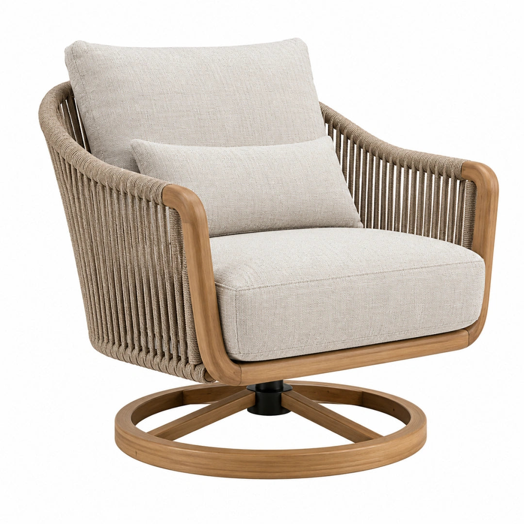 Fauteuil pivotant Toravero en bois naturel avec cordage beige, style contemporain, dimensions 82x85x82 cm, assise confortable.