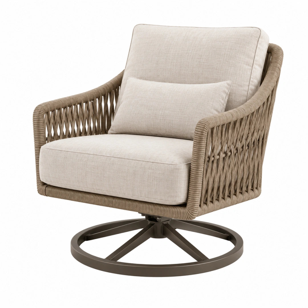 Fauteuil pivotant de jardin en corde tressée beige, dimensions 82x85x92 cm, moderne et confortable.