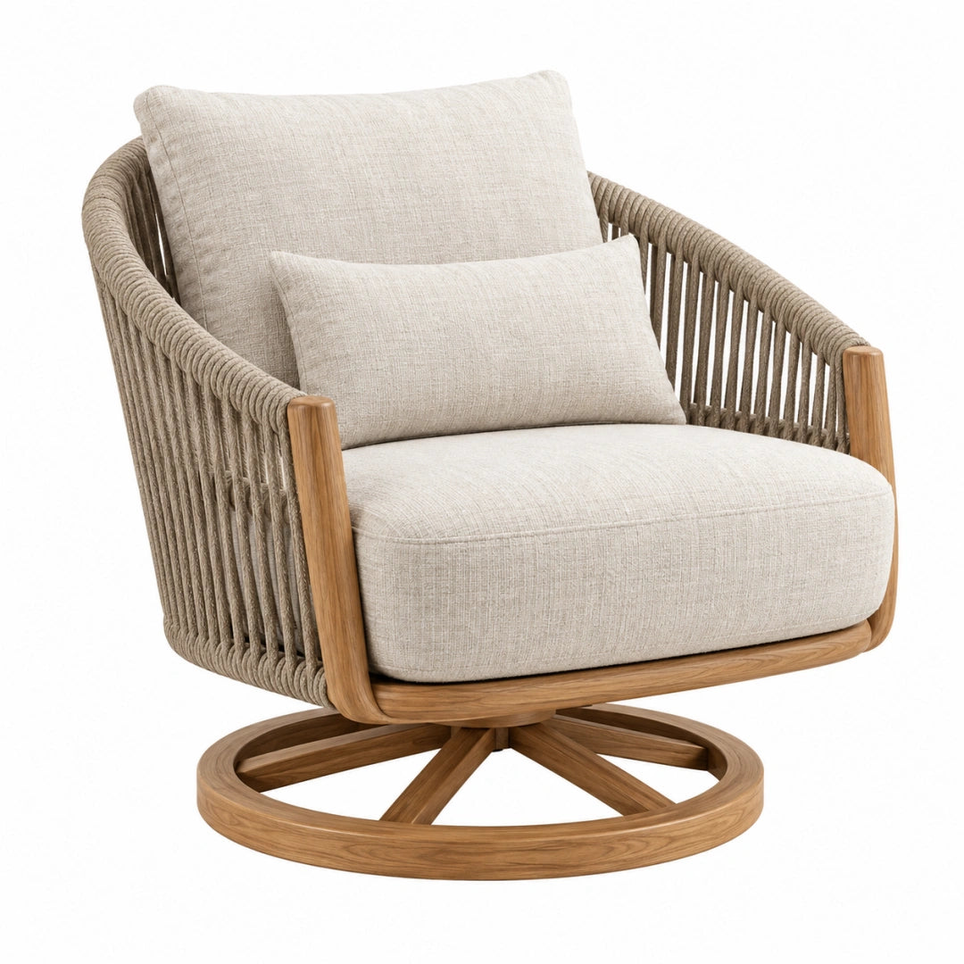 Fauteuil pivotant en bois et corde beige, style naturel, dimensions 80 x 85 x 90 cm, de la marque Toravero.
