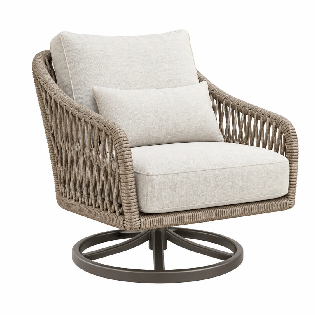 Fauteuil pivotant de jardin Toravero en corde tressée beige, dimensions 78x82x88 cm, style contemporain et confortable.