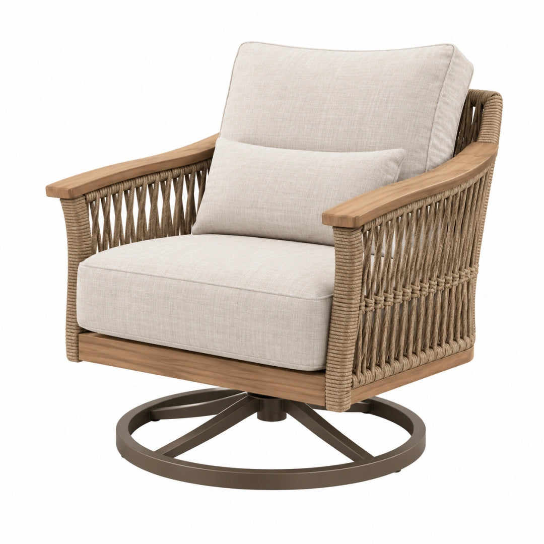 Fauteuil pivotant Toravero en bois naturel et corde beige, style contemporain, dimensions 82x86x92 cm, pour jardin.