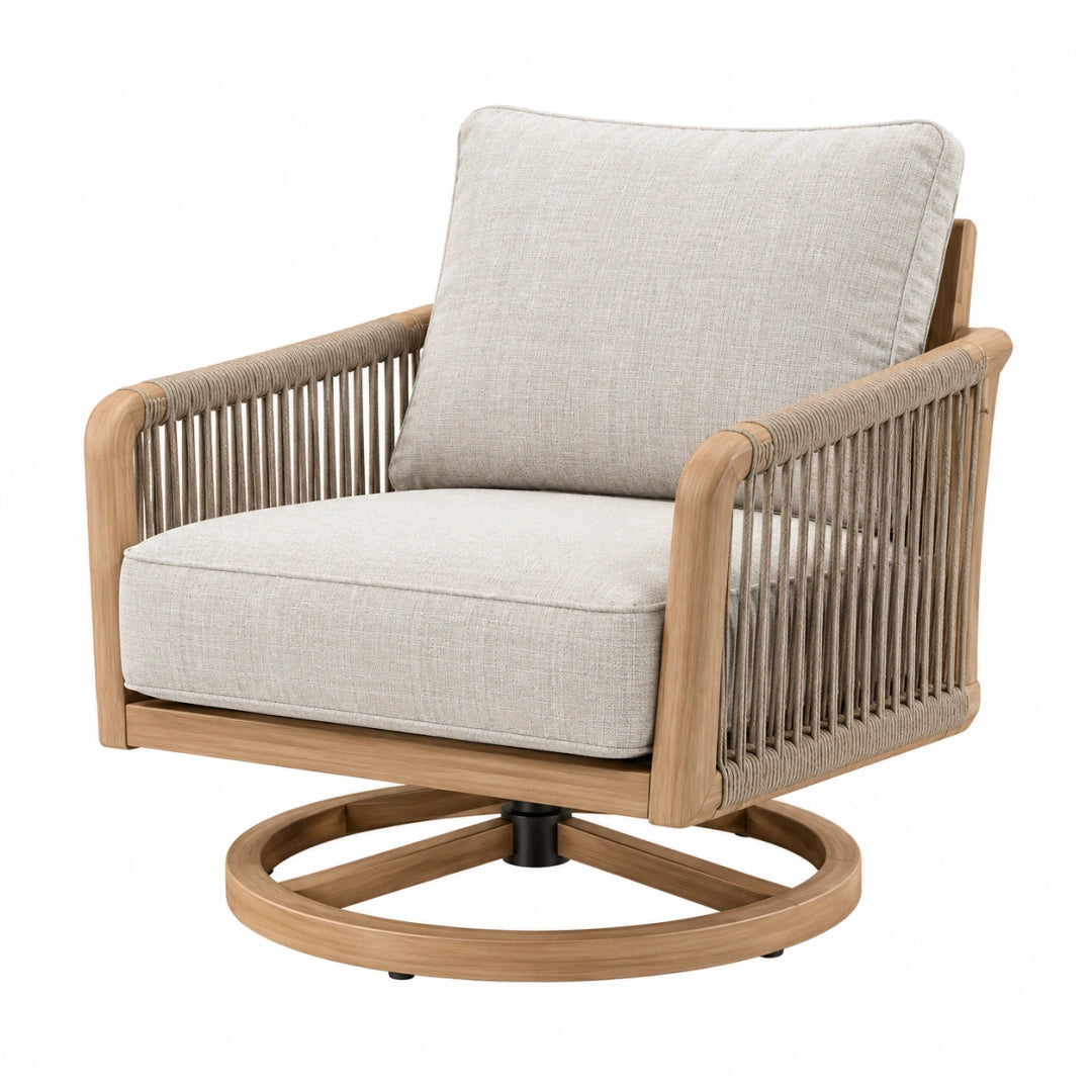 Fauteuil de jardin pivotant Toravero en bois naturel et cordage beige, dimensions 80x85x90 cm, confortable et élégant.