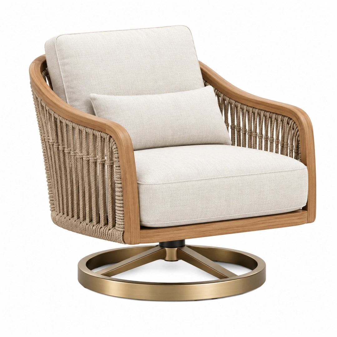 Fauteuil pivotant en bois et corde tressée beige pour jardin, style naturel, dimensions 82x78x88 cm, de marque Toravero.