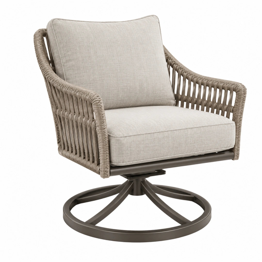 Fauteuil de jardin pivotant Toravero en corde tressée beige, dimensions 85x80x88 cm, avec siège confortable et design élégant.