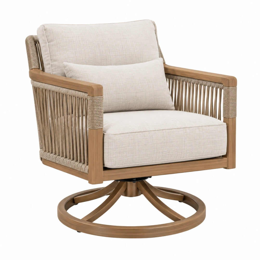 Fauteuil pivotant en bois et corde beige, style naturel, dimensions 80x85x88 cm, fabriqué par Toravero.