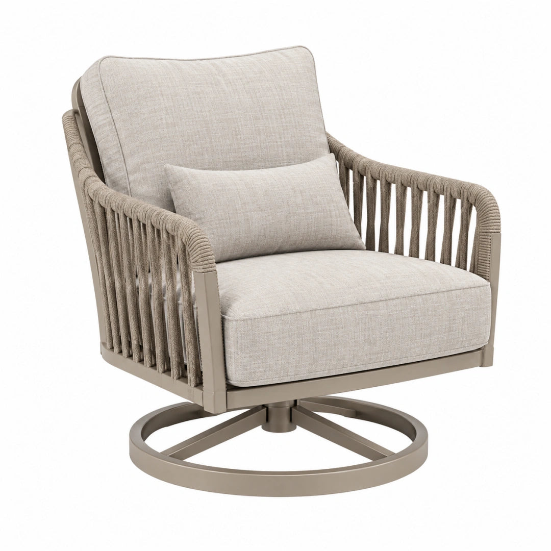Fauteuil pivotant Toravero en métal et corde beige, style contemporain, dimensions 80x84x92 cm, assise confortable.