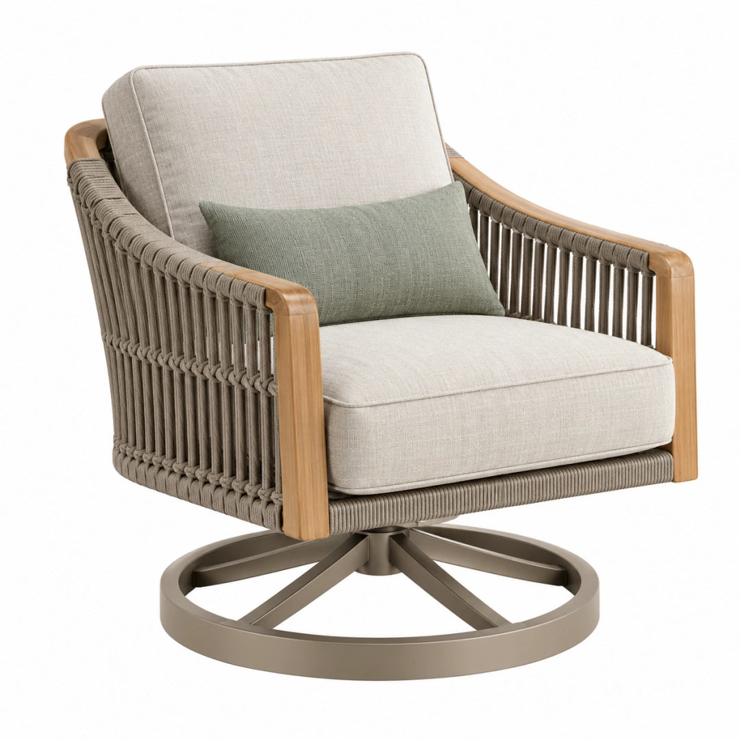 Fauteuil pivotant Toravero en bois et corde beige, style contemporain, dimensions 78x82x88 cm.