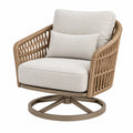 Fauteuil de jardin pivotant Toravero, fibres tressées beige, structure en métal, dimensions 82x85x86 cm, design confortable et élégant.