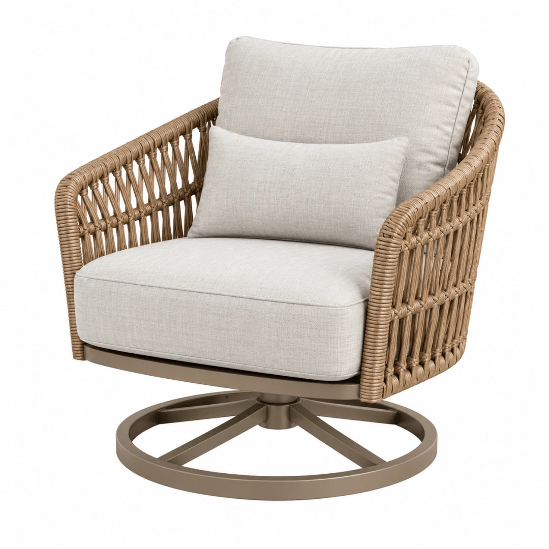 Fauteuil de jardin pivotant Toravero, fibres tressées beige, structure en métal, dimensions 82x85x86 cm, design confortable et élégant.