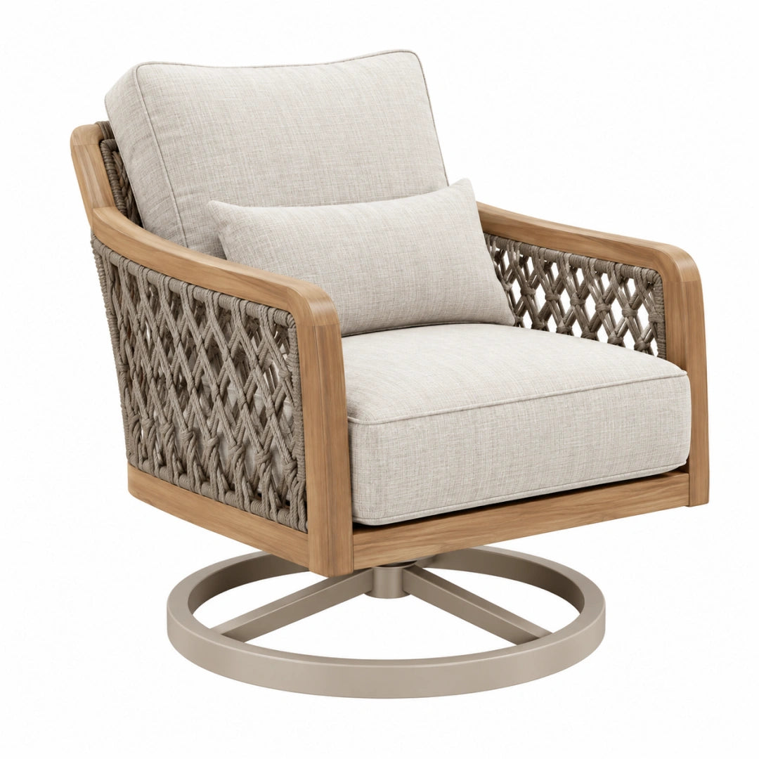 Fauteuil pivotant en bois beige tressé Toravero, design contemporain, dimensions 83x82x92 cm, idéal pour le jardin.