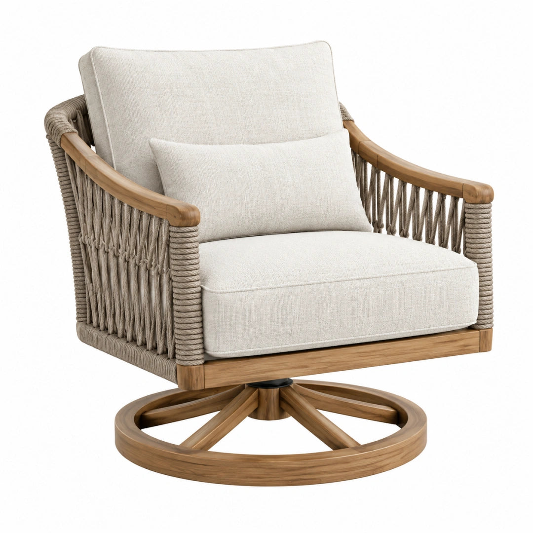Fauteuil pivotant en bois et corde beige, style naturel, dimensions 82x78x88 cm, par Toravero, assise confortable et design élégant.