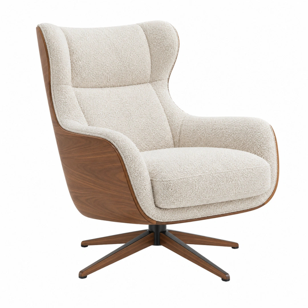 Fauteuil pivotant en tissu bouclette écru avec piètement en bois noyer, style contemporain, dimensions 82x85x105 cm.